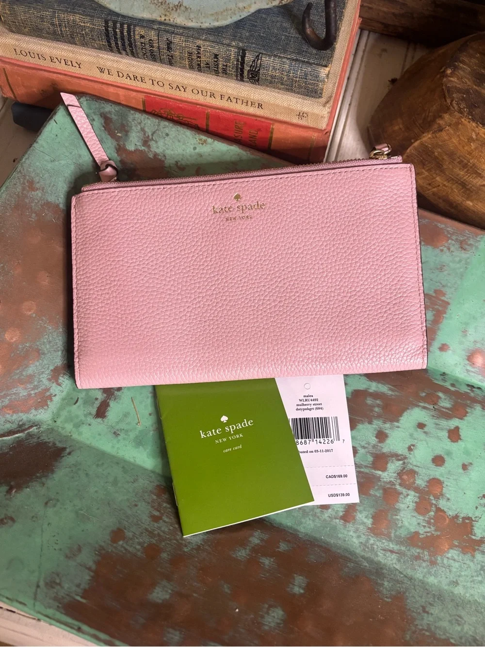 kate spade Pink Pebbled Leather Wristlet Clutch with Gold Logo